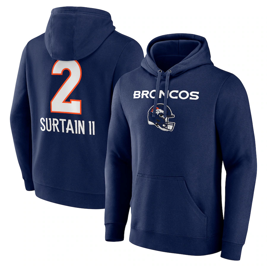 Men's Denver Broncos #2 Pat Surtain II Navy Team Wordmark Name & Number Pullover Hoodie